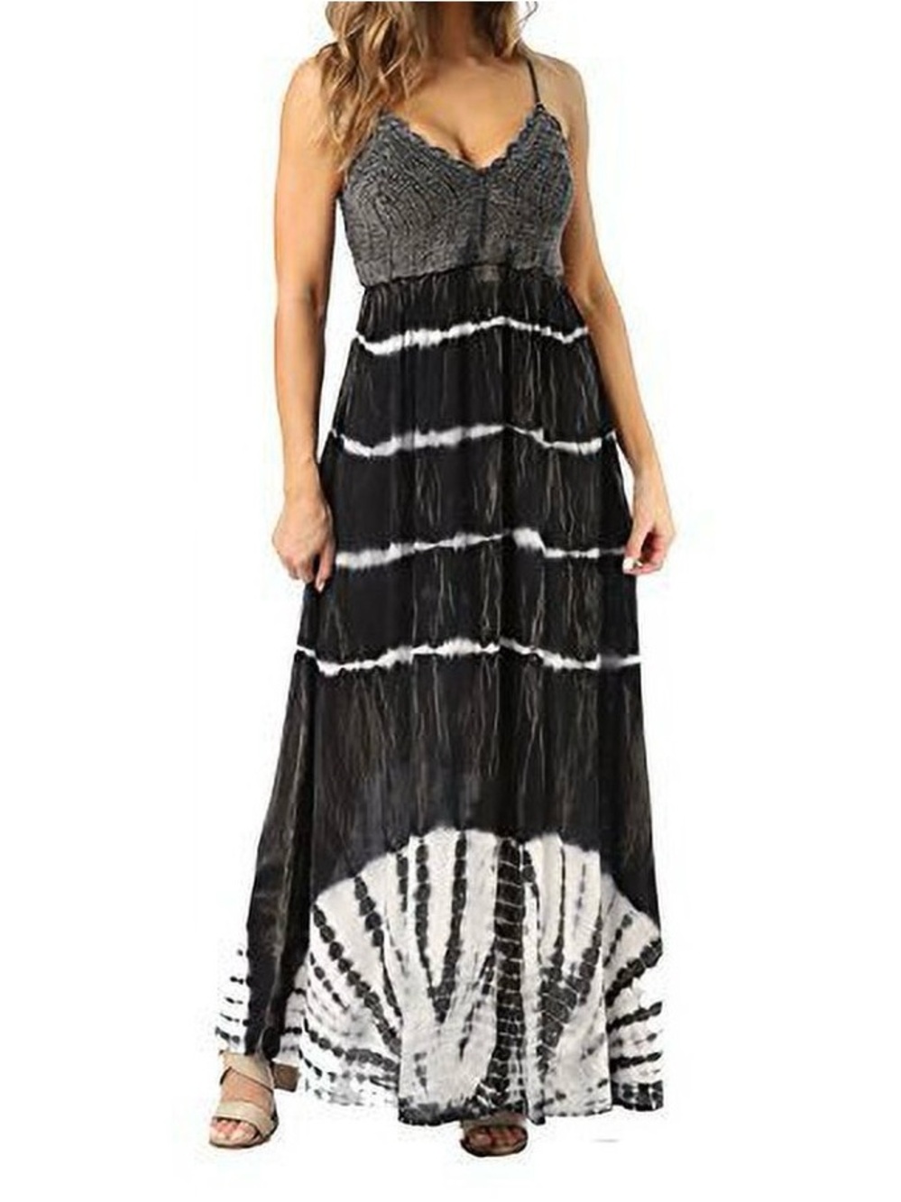 Sleeveless Black & White Tie-Dye Maxi Dress with Lace Bodice